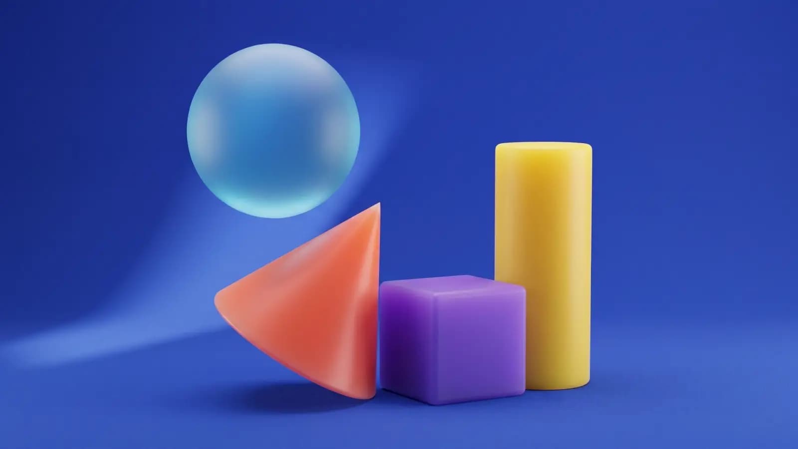 Abstract 3D cover with a glass sphere, coral cone, purple cube and yellow cylinder on a deep blue background