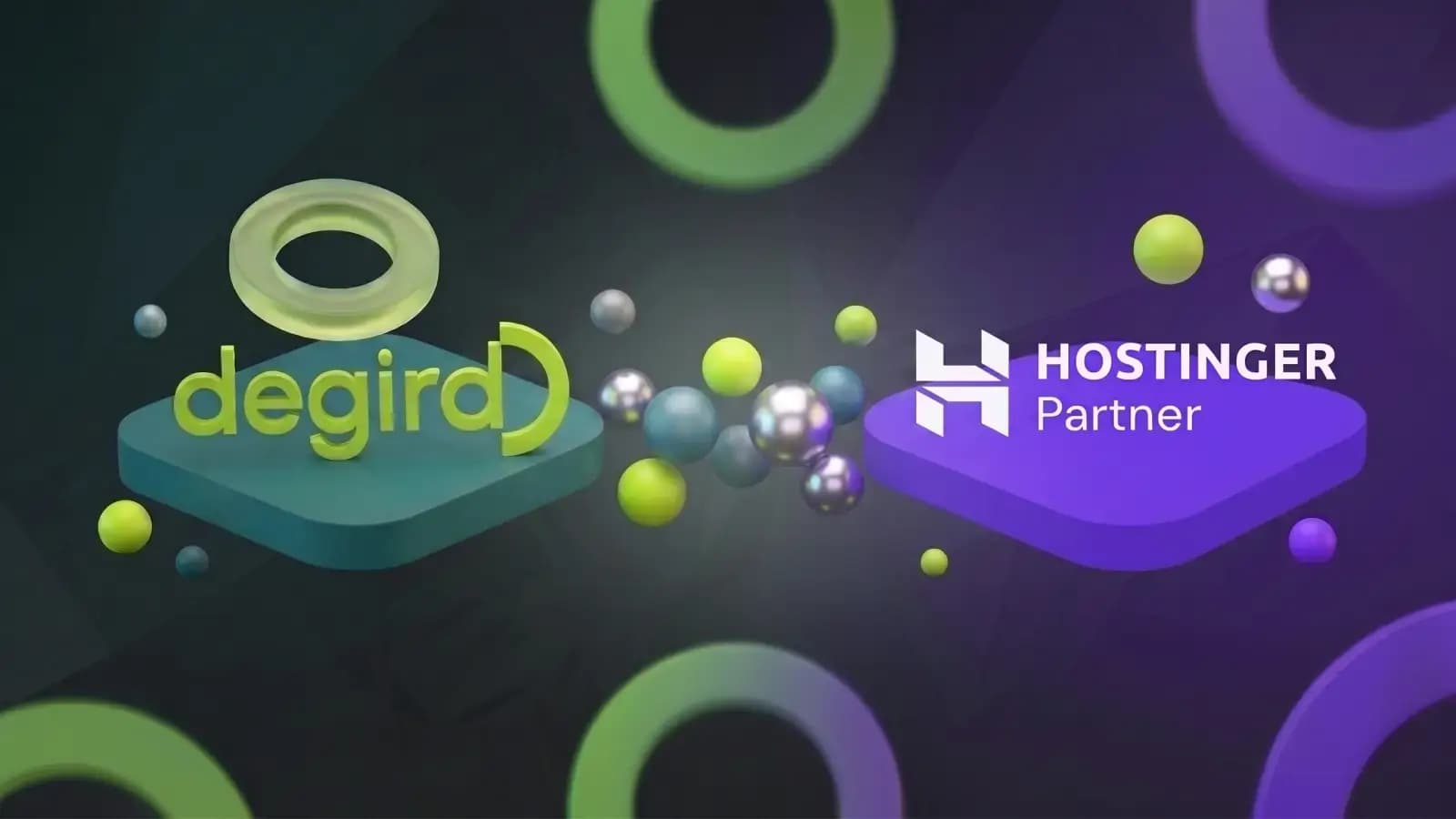 Degird and Hostinger partner badge on a dark abstract background