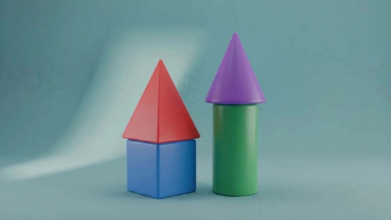 Abstract 3D cover with a red pyramid on a blue cube beside a purple cone on a green cylinder, on a teal background
