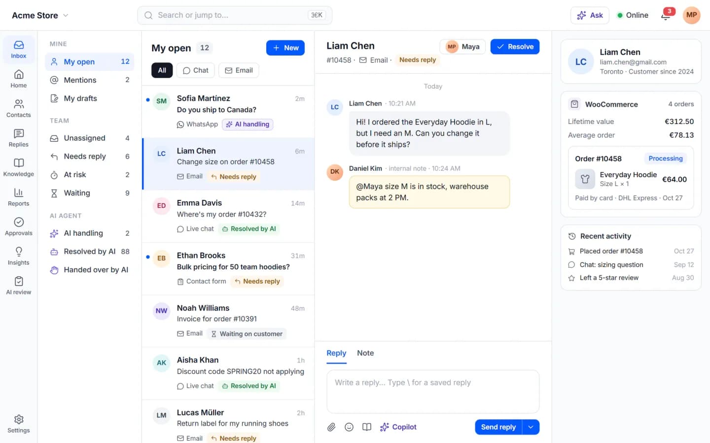 Cliedesk shared inbox in WordPress showing a customer conversation with the WooCommerce order, lifetime value and recent activity in the side panel