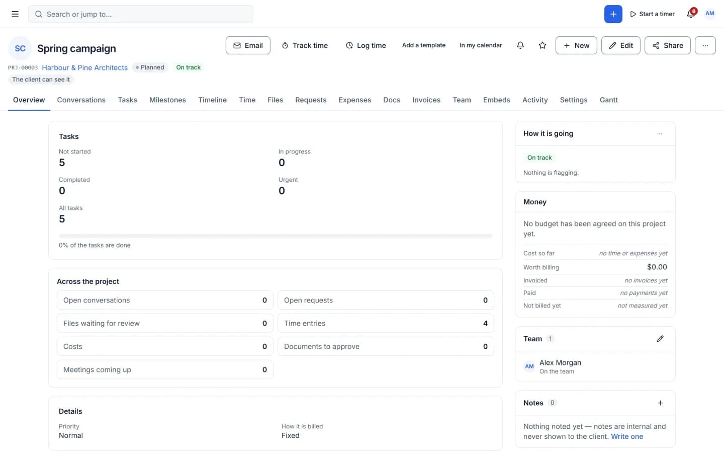 Cliezoo project overview in WordPress with tasks, milestones, time, files, invoices and a money panel for a client project