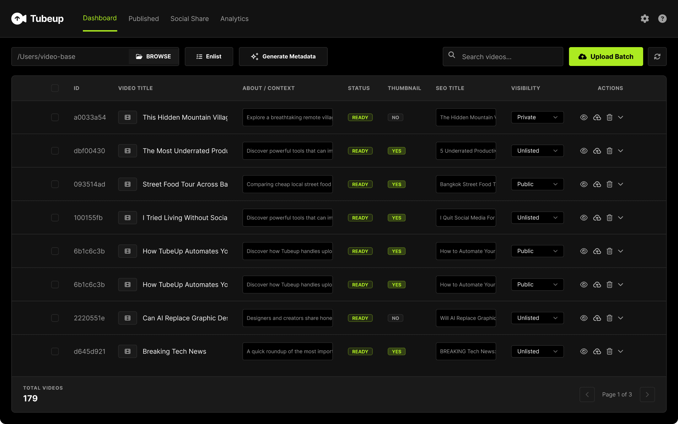 Tubeup desktop application dashboard showing the YouTube automation upload interface