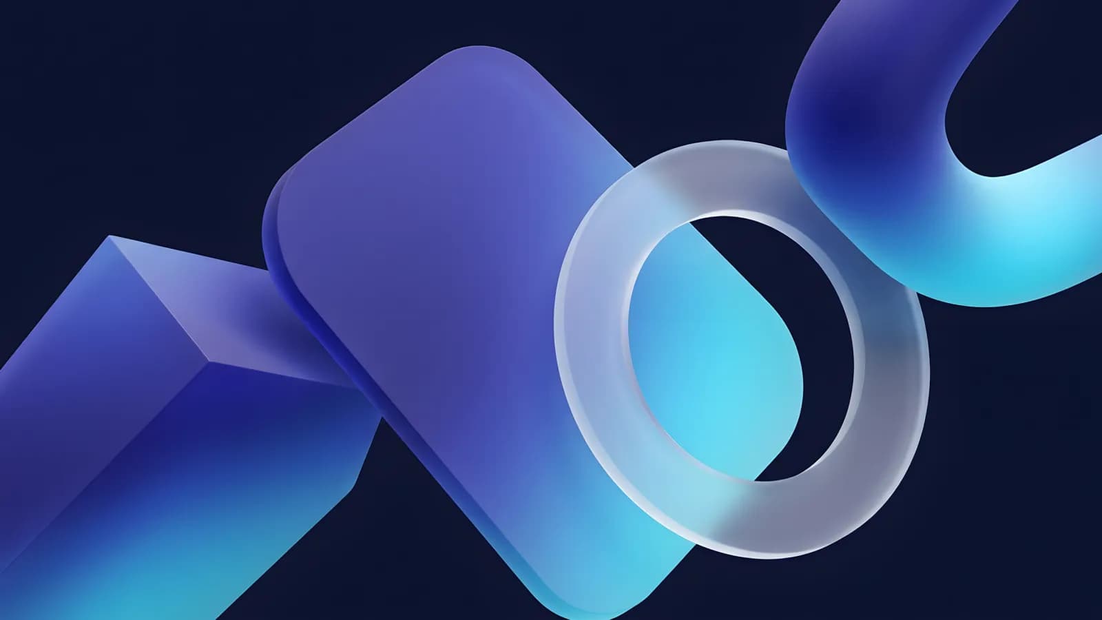 Abstract blue and teal geometric ribbons and a glass ring, symbolizing Claude's ascent in the AI industry